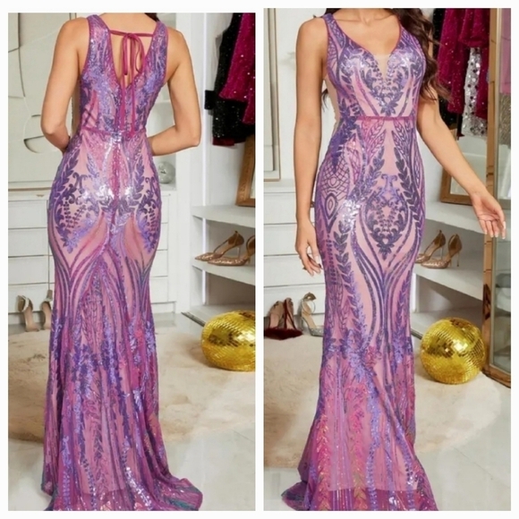 Purple, Sleeveless,  V Neck, Tie Back Sequined Mermaid Gown - Picture 1 of 10